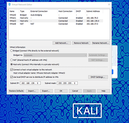 Virtual network editor vmware VMnet3 host only